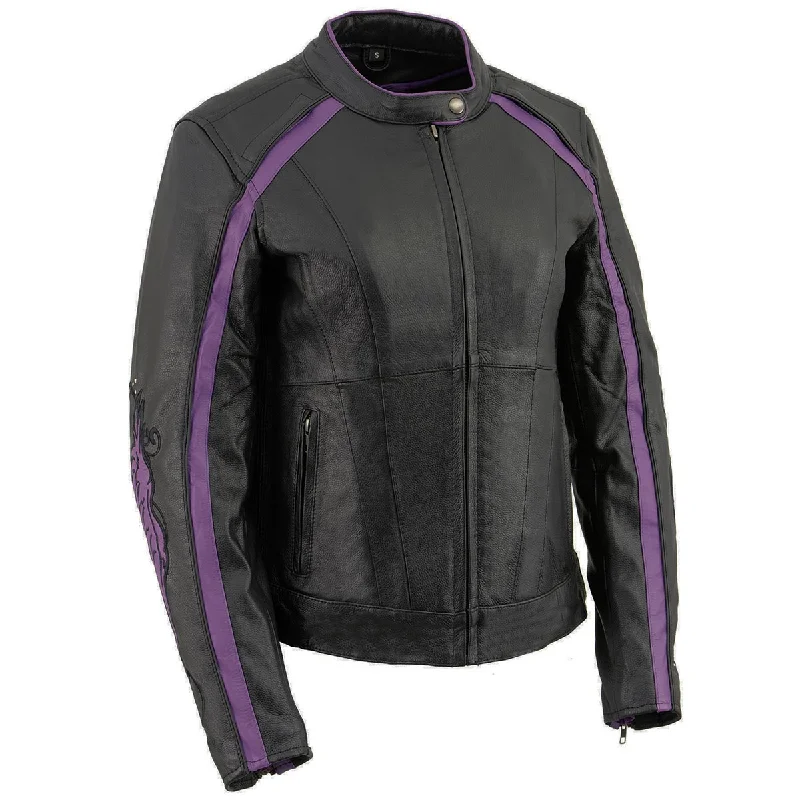 PURPLE Leather ML1952 Women's Black and Purple Embroidered and Stud Design Scooter Jacket Lace Jacket Ribbed Jacket Sequined Jacket PURPLE Leather ML1952 Women's Black and Purple Embroidered and Stud Design Scooter Jacket Lace Jacket Ribbed Jacket Sequined Jacket