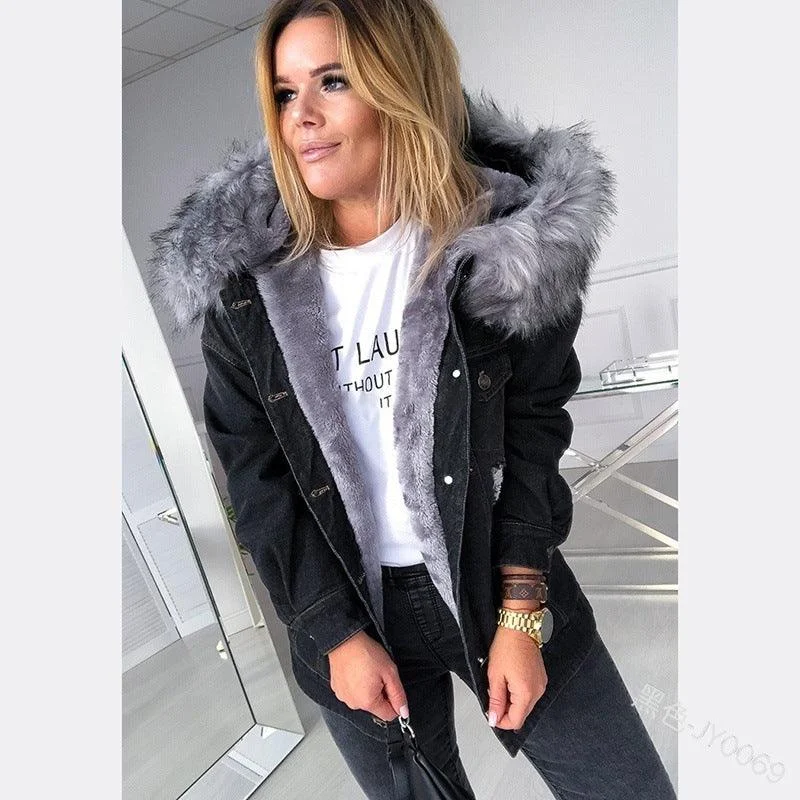 Retro Big Fur Collar Denim Jacket Temperament Commuting To Keep Warm Coat Toggled Jacket Drawstring Jacket Belted Jacket Retro Big Fur Collar Denim Jacket Temperament Commuting To Keep Warm Coat Toggled Jacket Drawstring Jacket Belted Jacket