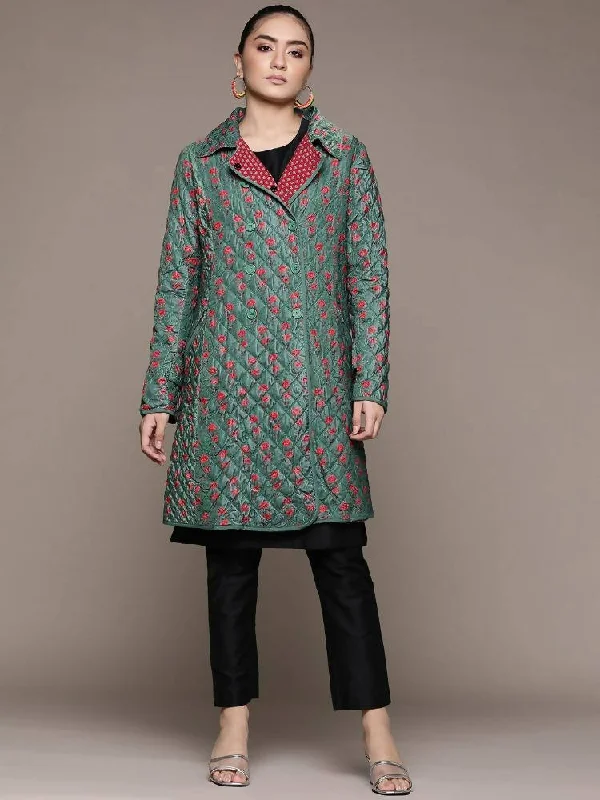 Ritu Kumar Teal Green & Red Floral Print Quilted Velvet Finish Longline Tailored Jacket Satin Jacket Silk Jacket Chiffon Jacket Ritu Kumar Teal Green & Red Floral Print Quilted Velvet Finish Longline Tailored Jacket Satin Jacket Silk Jacket Chiffon Jacket