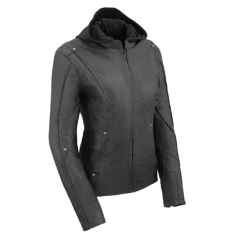 Women Black 3/4 Hooded Leather Jacket with Side Stetch Fit Boat Neck Shawl Collar Notched Collar Women Black 3/4 Hooded Leather Jacket with Side Stetch Fit Boat Neck Shawl Collar Notched Collar