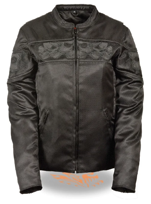 Women's Crossover Textile Scooter Jacket w/ Reflective Skulls Snapped Jacket Toggled Jacket Drawstring Jacket Women's Crossover Textile Scooter Jacket w/ Reflective Skulls Snapped Jacket Toggled Jacket Drawstring Jacket