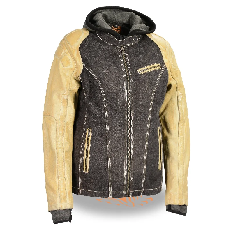 Women's Two Tone Denim & Leather Scuba Jacket w/ Full Hoodie Jacket Liner Satin Fabric Silk Fabric Chiffon Fabric Women's Two Tone Denim & Leather Scuba Jacket w/ Full Hoodie Jacket Liner Satin Fabric Silk Fabric Chiffon Fabric