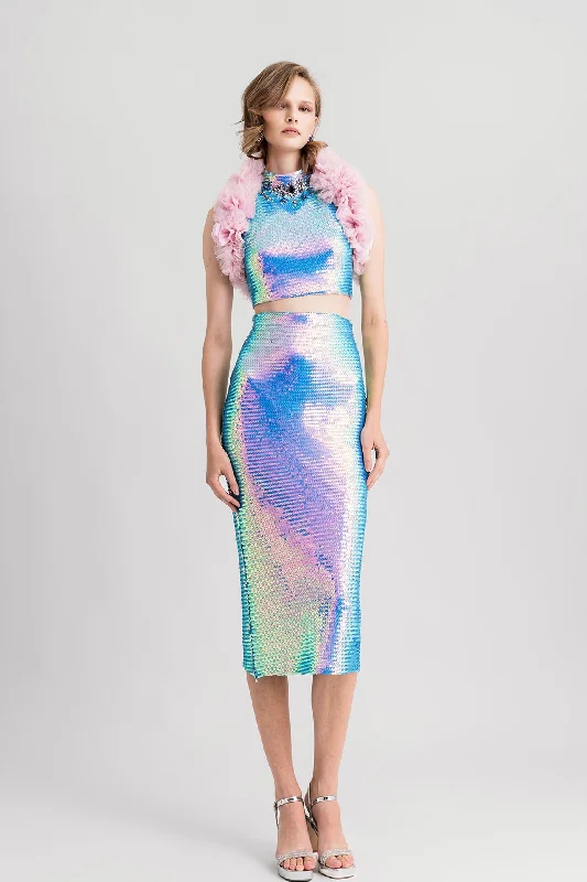 Beaded crop top with pencil skirt velvet skirt plush