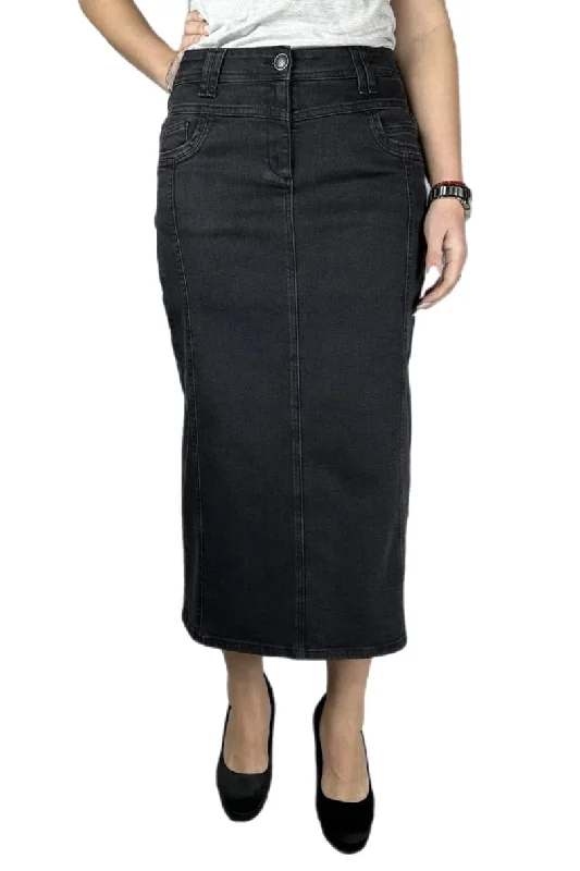 Black Denim Maxi Skirt 212-58H midi skirt versatile