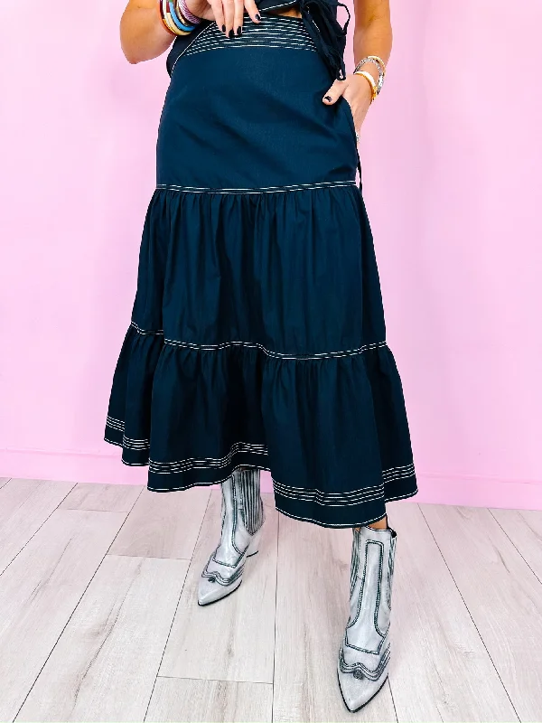BLAKE WHITE STITCH TRIM MIDI SKIRT - BLACK cashmere skirt soft
