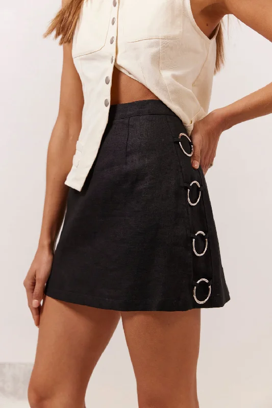 Discoteca Linen Mini Skirt Black high slit skirt