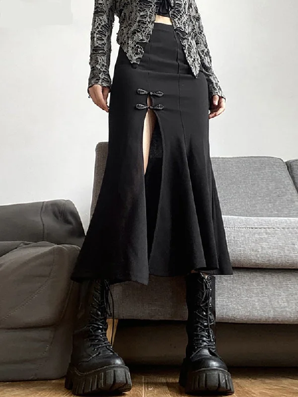 Goth Dark Elegant Mall Gothic Trumpet Women Midi Skirts Grunge High Waist Split Sexy Club Long Skirt Slim Party Streetwear 2023 linen skirt relaxed