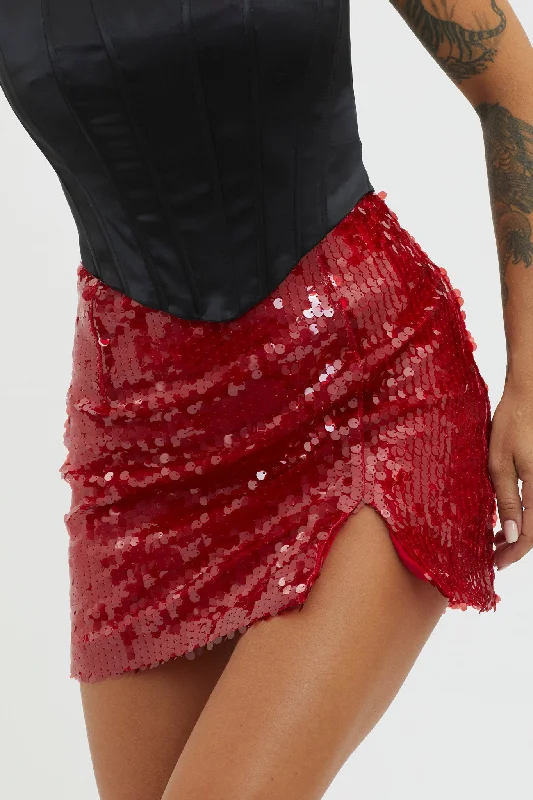 Intentions Sequin Mini Skirt Red ruffled skirt detail