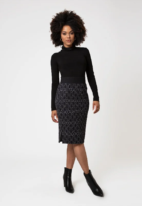Leota Women's  Midi Pencil Skirt in Diamond Lines Luxe Jacquard Black elastic waist skirt