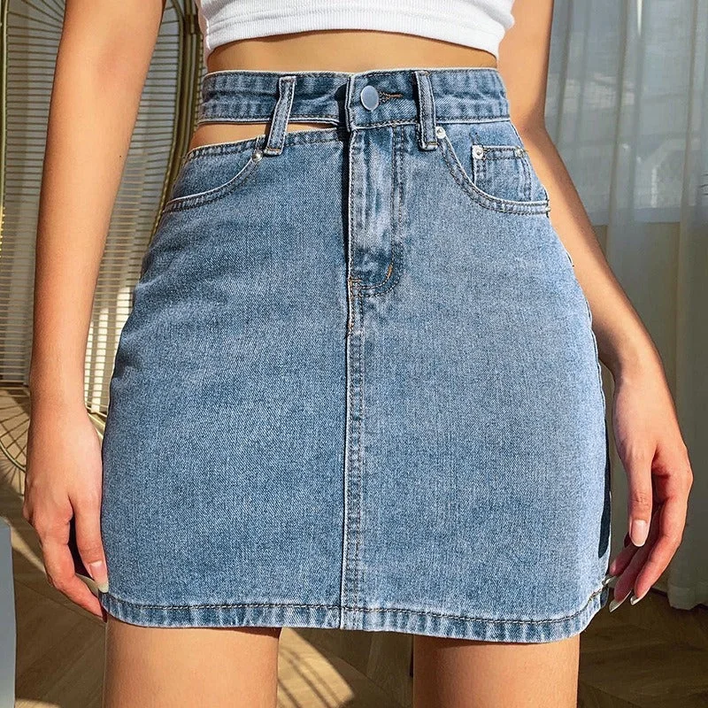 One-side Hollow High Waist Denim Hip Mini Skirt lace skirt feminine