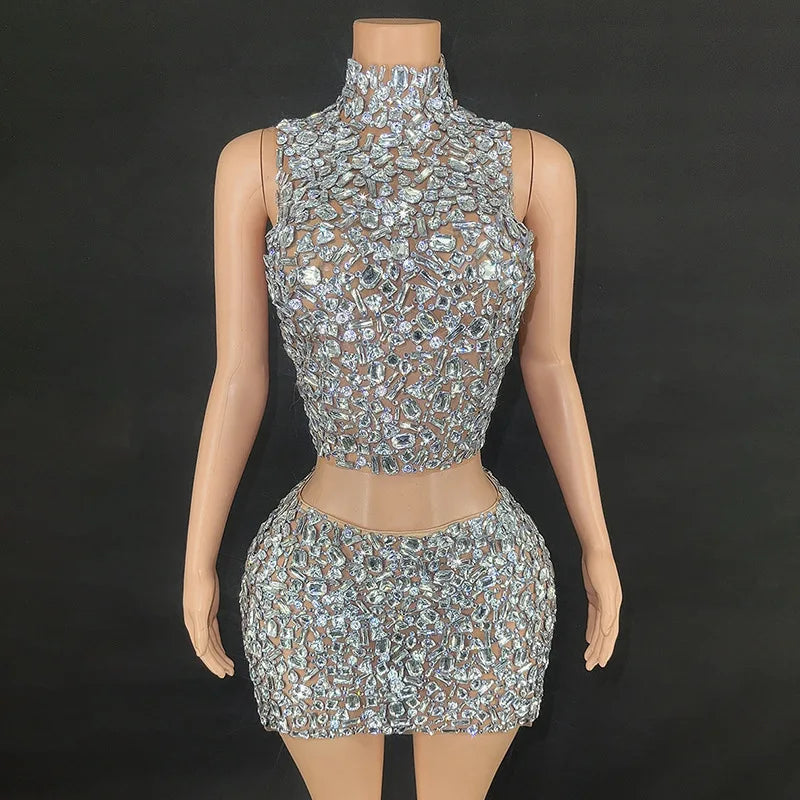 Sleeveless Crystal Diamond Mini Skirt Set corduroy skirt durable