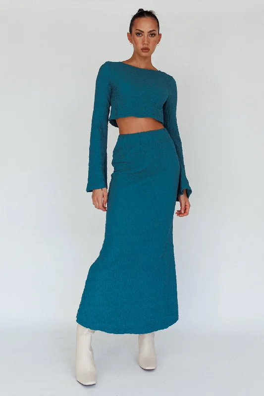 Treasures Textured Midi Skirt Teal silk skirt smooth